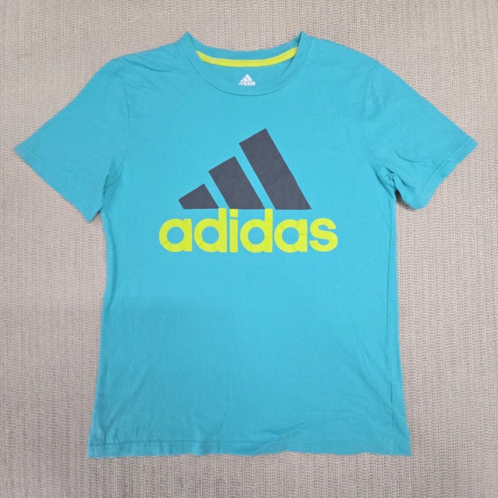 Adidas Shirt Youth Large 14-16 Blue Logo Graphic Short Sleeve Athletic Tee